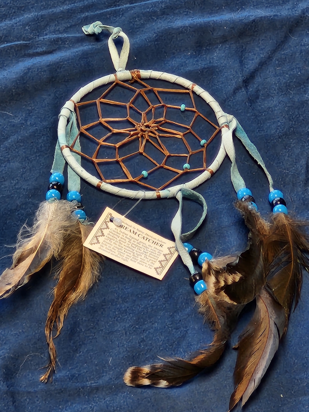 Turquoise-Beaded Brown Feather Dreamcatcher
